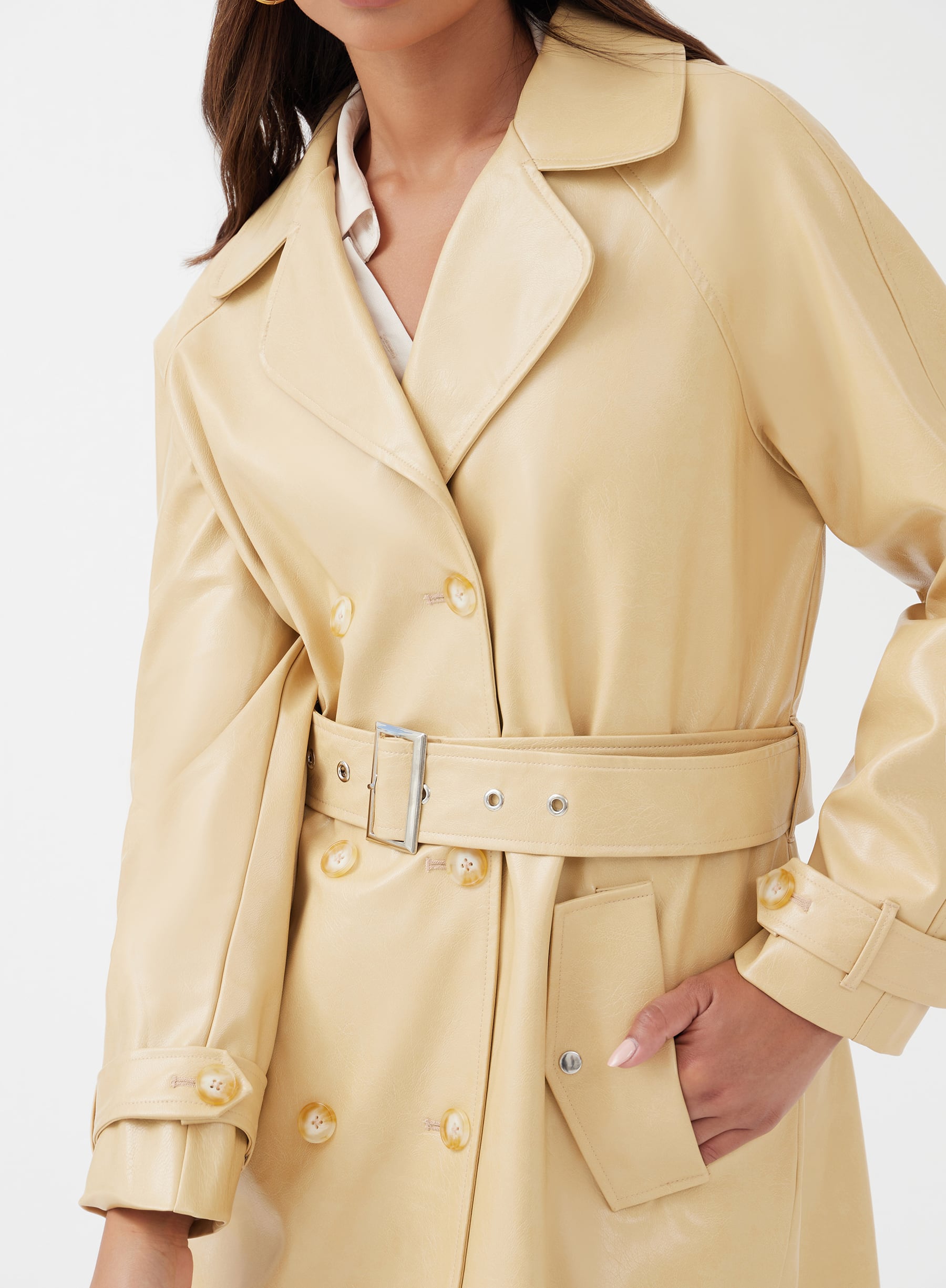 Butter Longline Belted Faux Leather Coat